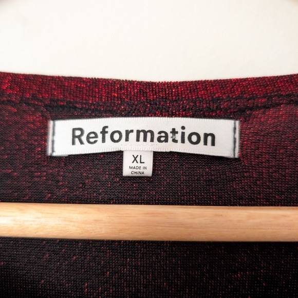 Reformation Red Metallic Sparkle Glitter Riley Long Sleeve Mini Party Dress - Picture 3 of 6